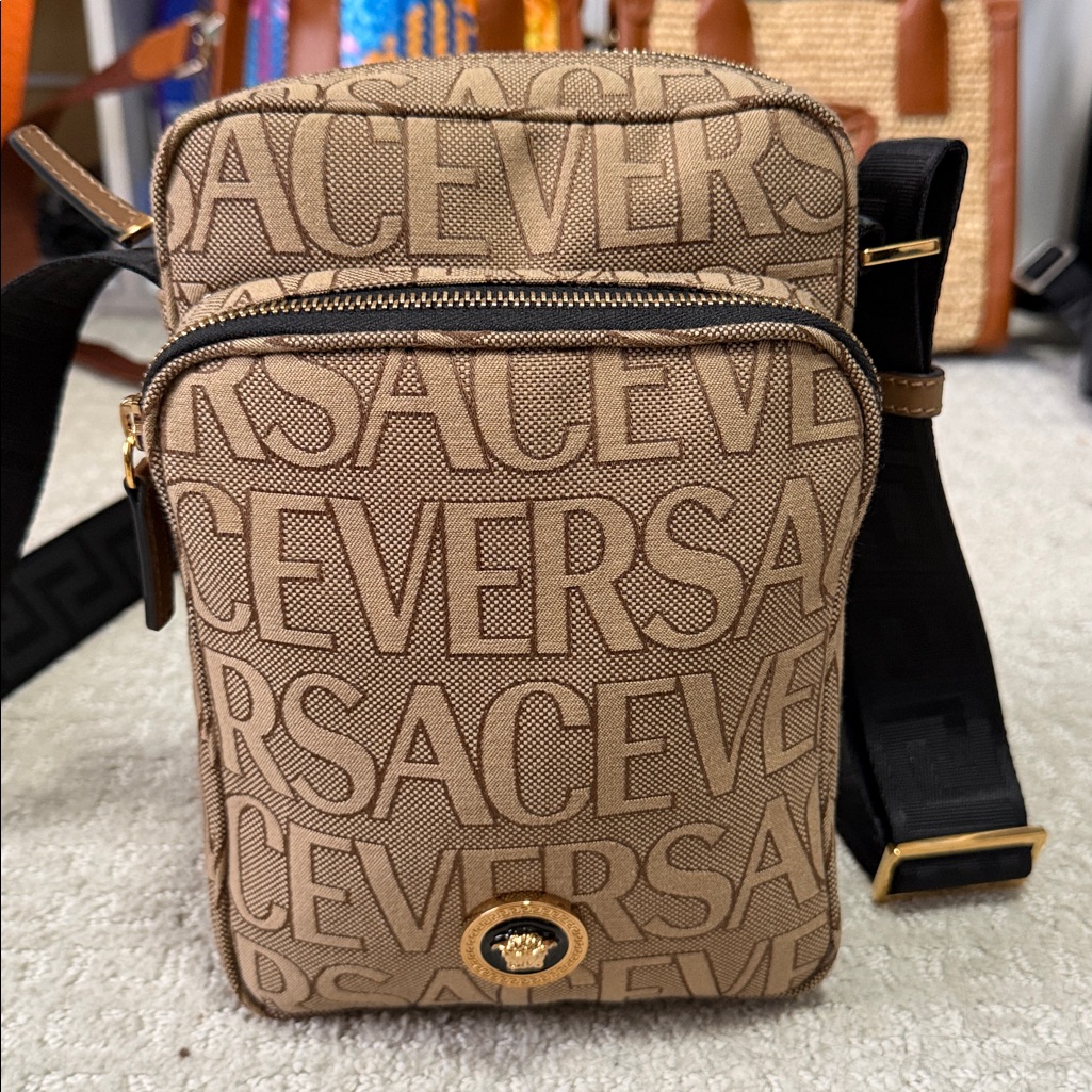 Versace Tan Logo Print Crossbody With Gold Medallion